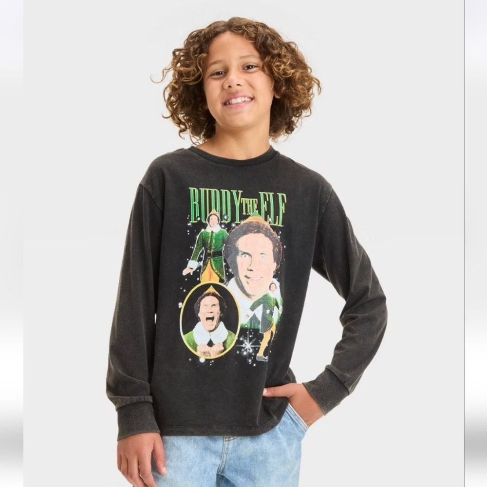 Boys' Long Sleeve Buddy The Elf Christmas Graphic T-Shirt art class Black Wash M